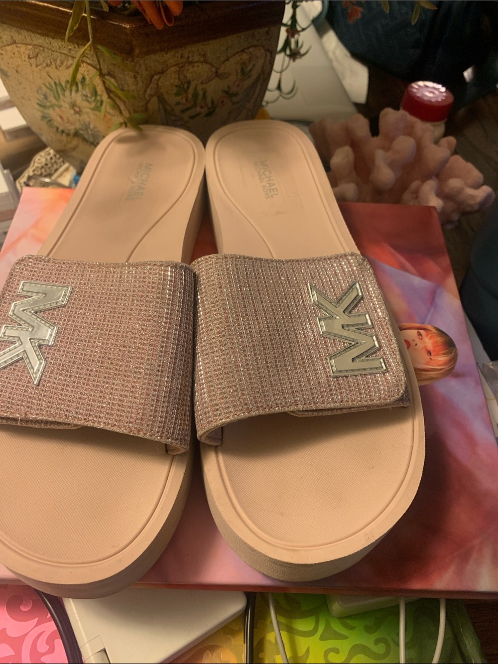 MICHAEL Michael Kors Rose Pink Glitter Slide Sandals with MK Logo